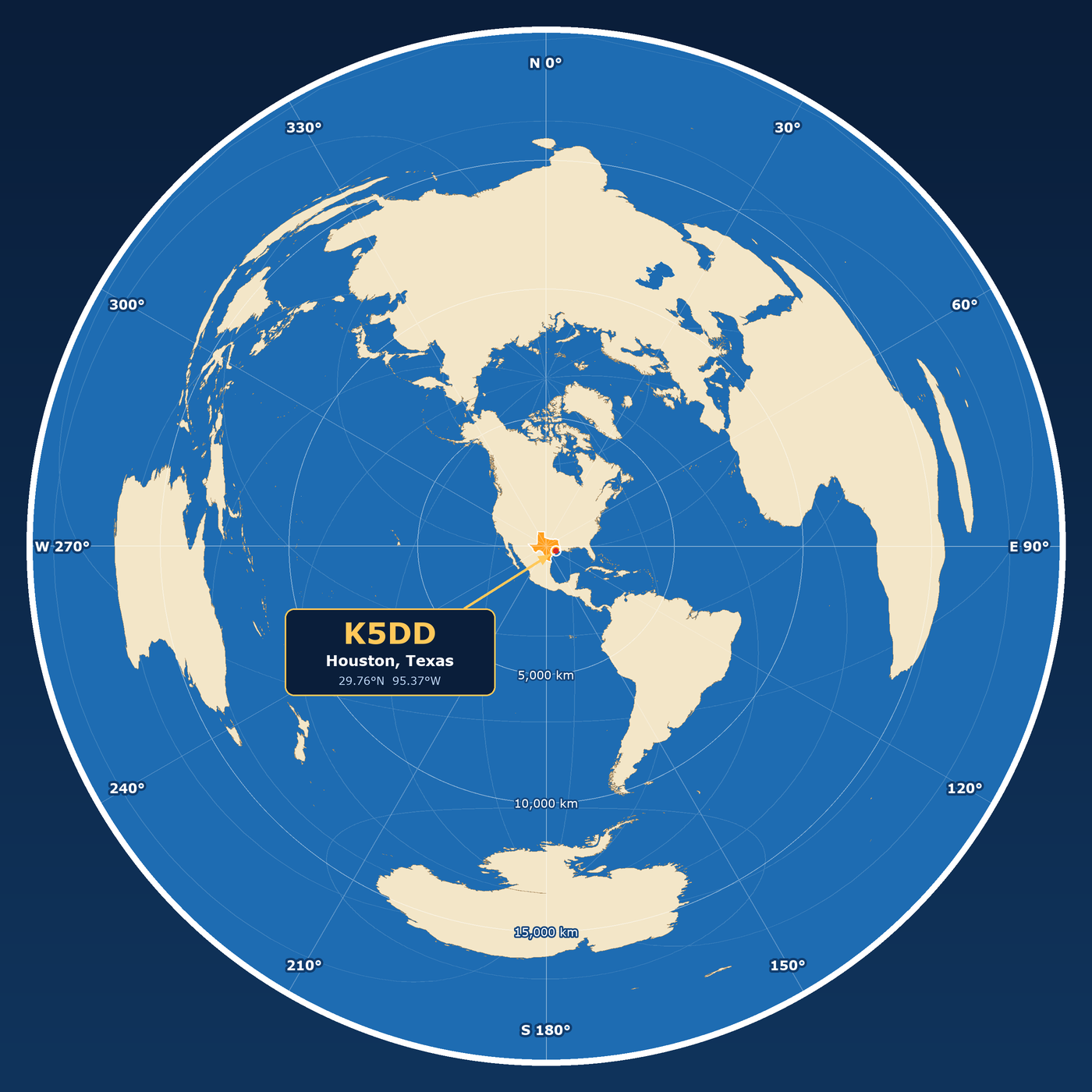 Great circle map centered on Texas: K5DD, Houston, Texas